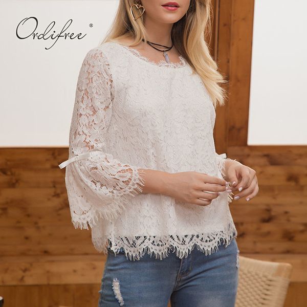 

summer women white lace hollow out casual loose female blouse shirt 210415