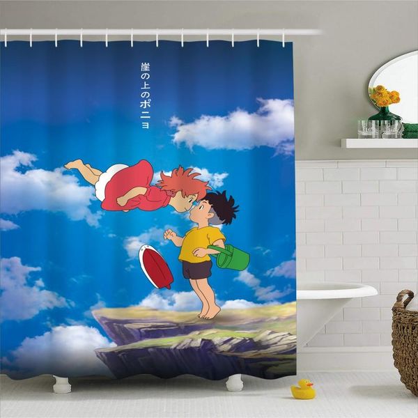 

shower curtains 3d print curtain ponyo on the cliff anime cute character bath polyester waterproof blue bathroom set with hooks