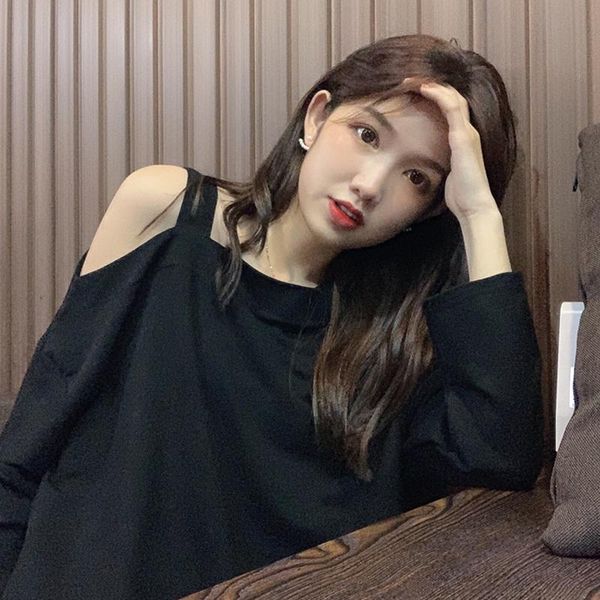 

women's t-shirt off shoulder ladies ins hipster clothing korean solid loose t-shirts casual tees female spring autumn 2021, White