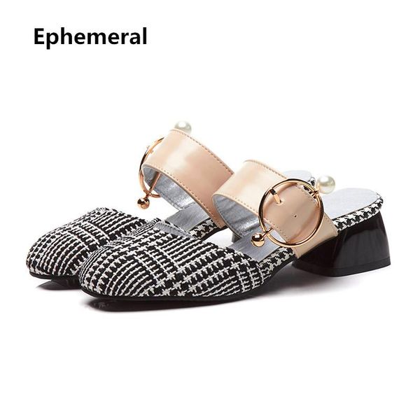 

slippers women high heels slides with crystal buckle round toe gingham med heel plus size 34 43 strip shoes zapatos black white