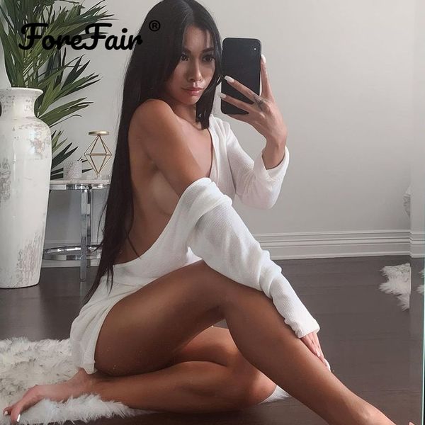 

2021bare back see through dress long sleeve knitted white beach o neck 2021 summer party mini skinny dress women, Black;gray