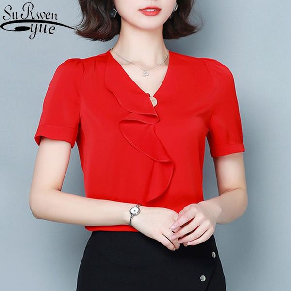 

women's blouses & shirts 2021 ladies short sleeves shirt women blouse chiffon v-neck butterfly womens and 9048 50, White