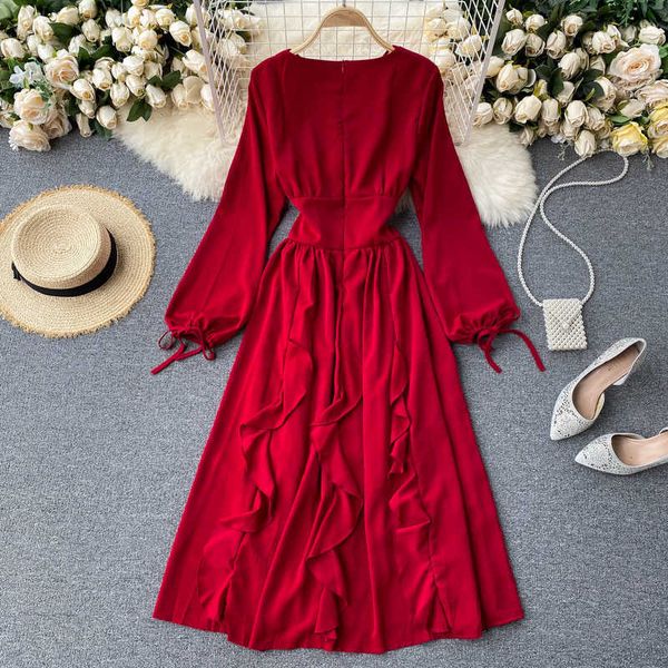 

autumn winter red long dress for women clothes elegant square collar long sleeve ruffle dresses female a-line vestidos 2020 new y0603, Black;gray