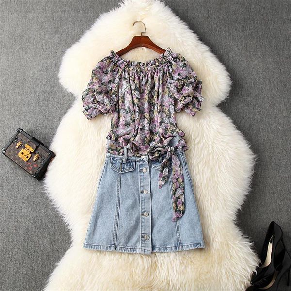 

fashion summer skirt and set matching women slash neck retro floral print long blouse+denim suit 2piece sets two piece dress, White