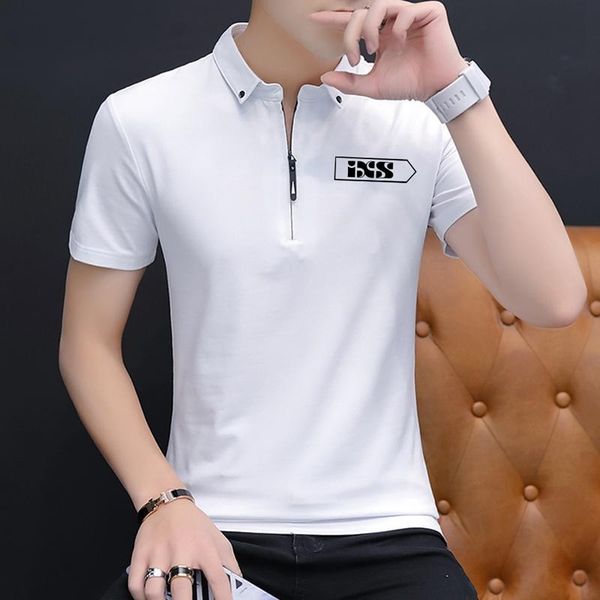 

men's polos casual lapel shirt trendy stand collar half sleeve clothes, White;black