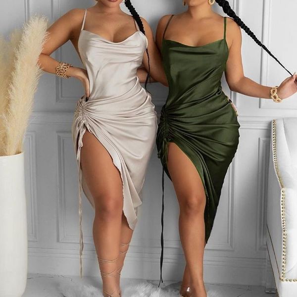 

casual dresses wenyujh ruched pleated summer dress drawstring spaghetti straps backless long for women party vestidos 2021, Black;gray