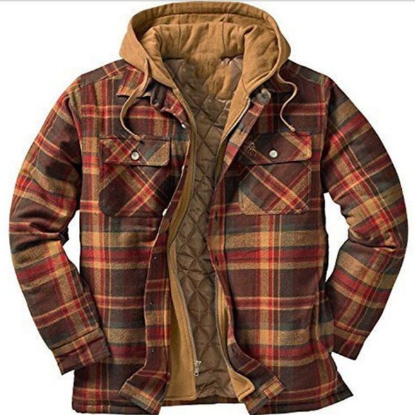

fashion trench coat men's autumn and winter thickened cotton padded plaid long sleeve loose hooded jacket, Tan;black