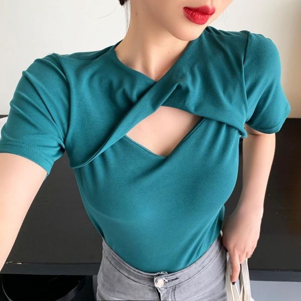 

summer short sleeve tee hollow out solid color women tees v neck fashion ladies t shirt for women's t-shirt, White