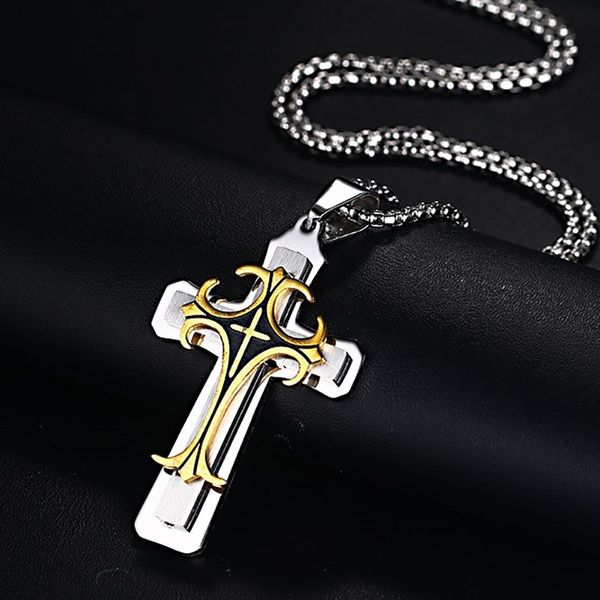 

men's stainless steel cross pendant necklace 24" chain choker religion jewelry, Golden;silver