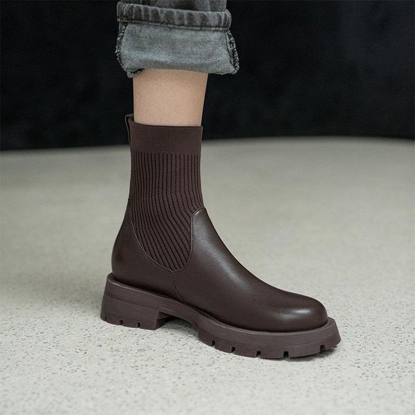 

boots autumn and winter elastic knit socks women thick-heeled retro british style mid-heel thick-soled cowhide round-toe sho, Black