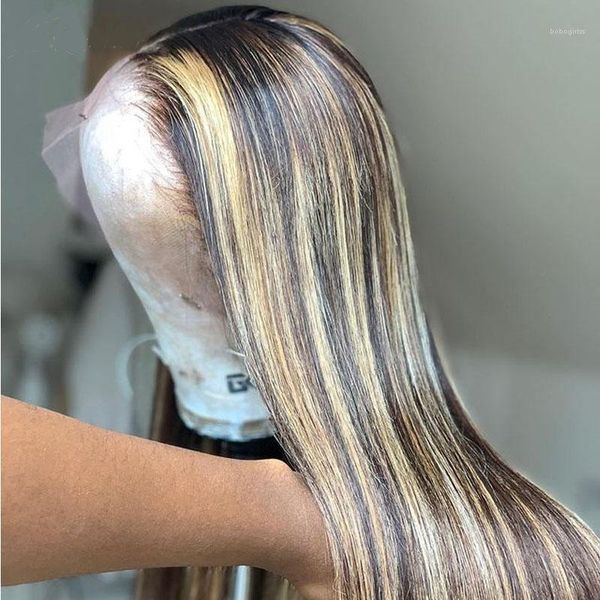 

remy straight highlight colored preplucked 13x6 lace front human hair wigs for women with baby long 4*4 silk base wigs1, Black;brown