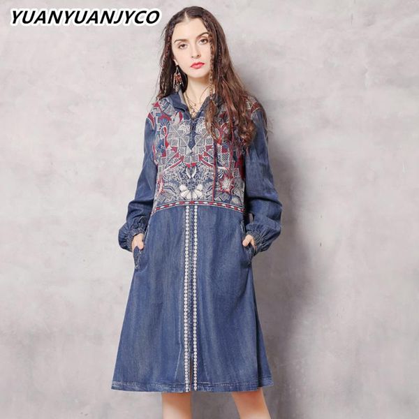 

casual dresses yuanyuanjyco spring autumn women knee length indie folk denim dress lyq42 vintage embroidery floral hooded straight midi clot, Black;gray