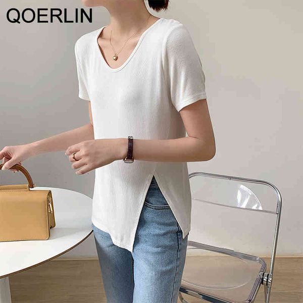 

t shirt summer u neck short sleeve t-shirt female korean side split loose casual vintage solid black white tees women