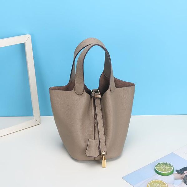 

evening bags leather bag women's vegetable basket handbag layer togo cowhide hand carry bucket gold buckle