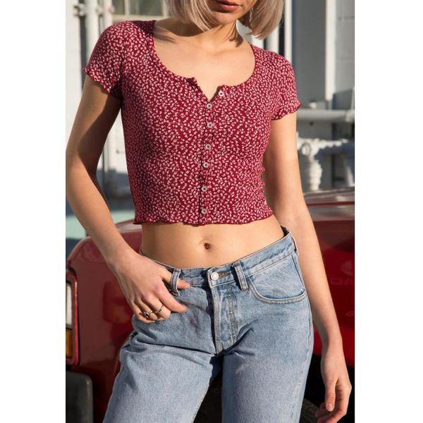 

women's t-shirt women short sleeved button through floral print top, White