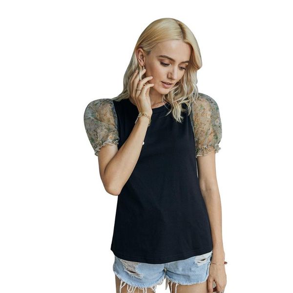 

women's t-shirt 2021 summer coat the fashion solid color round neck slim puff sleeve, White