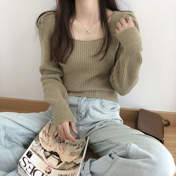 

fashion loose coarse sweater pullovers autumn winter 2021 french square collar knitted sweater for women casual long sleeve, White;black