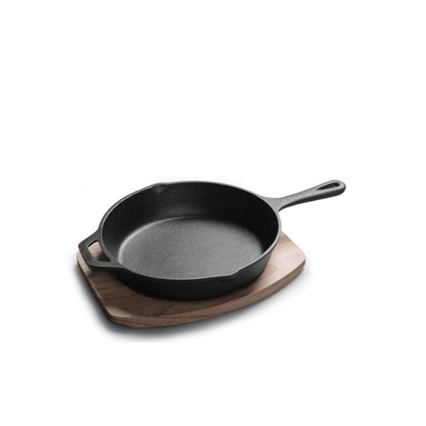 

12inch 30cm cast iron uncoated frying pan with wood tray pans