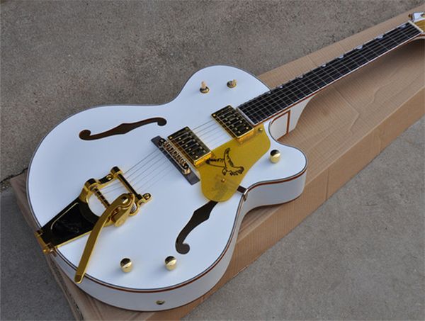 

g6120 white falcon semi hollow body jazz electric guitar korean imperial tuners gold sparkle binding double f hole bigs tremolo