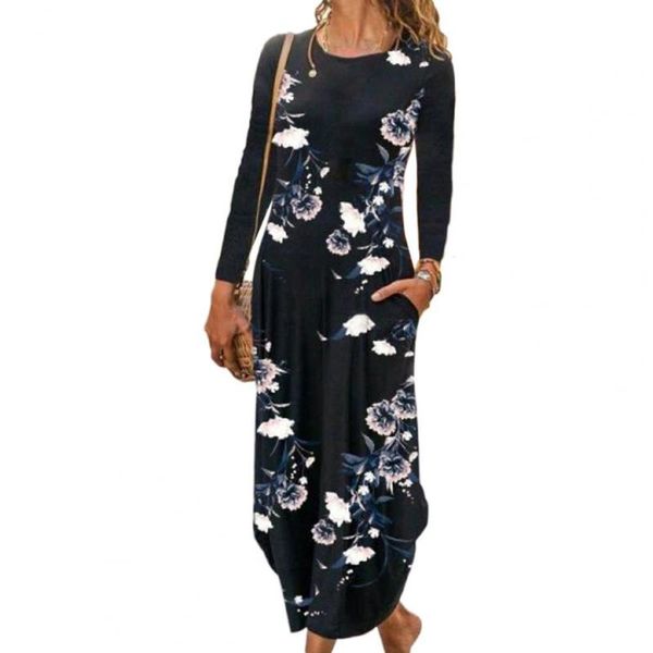 

casual dresses simple women a-line dress pockets floral print patchwork pleated irregular hem o neck autumn ladies maxi vestidos, Black;gray