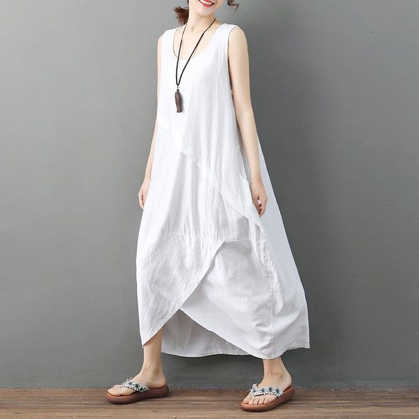 

casual dresses 2021 large women's art solid color sleeveless 100% cotton linen breathable comfortable irregular long dress, Black;gray