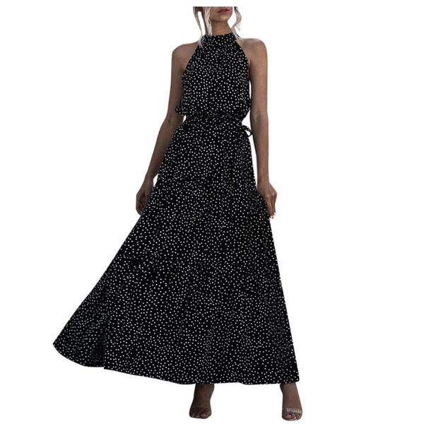 

casual dresses women summer elegant bohemian print neck-mounted long dress feminino bow sleeveless draped ladies daily a-line vestidos, Black;gray