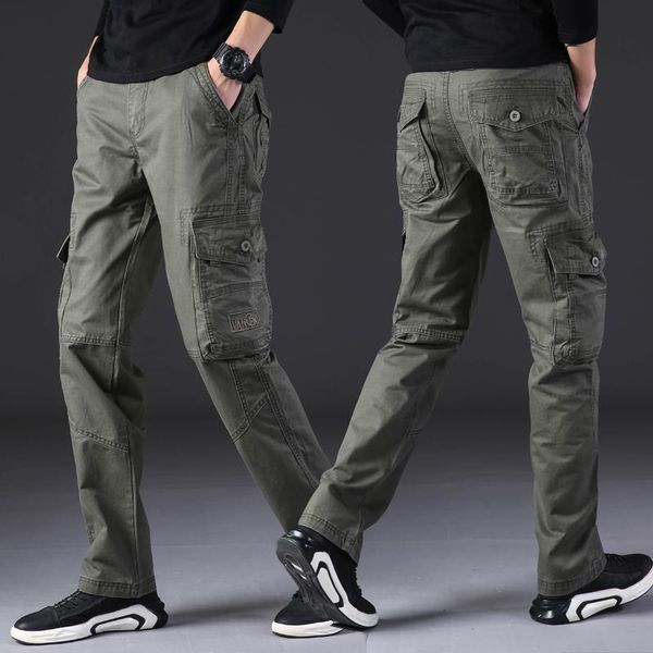 

men's pants mens military cargo men overalls army green gray cotton loose multi-pockets straight fit casual trousers homme, Black