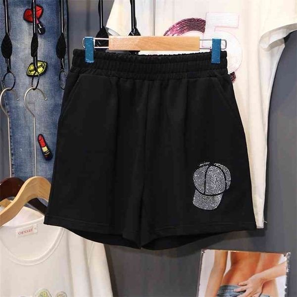 

loose shorts women summer fashion hat diamonds all-match leisure motion elastic waist black wide leg short pants 210724, White;black