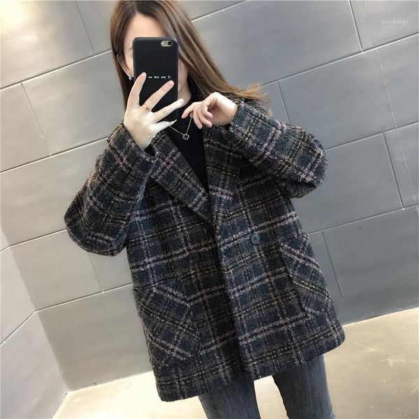 

women's jackets basic women lapel collar casual style office ladies outwear loose plaid coat female long sleeve cloth1, Black;brown