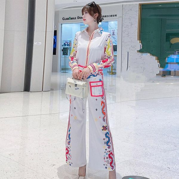 

fashion spring female sets long sleeve shirt+slender trousers attractive bright color print casual office style two-piece suits women's, White