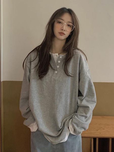 

women's t-shirt casual long sleeve t-shirts women spring autumn harajuku o neck fake two pieces patchwork chic loose basic tees for gi, White