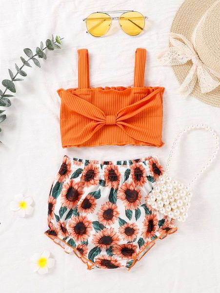 

baby lettuce trim cami & floral print shorts she, White