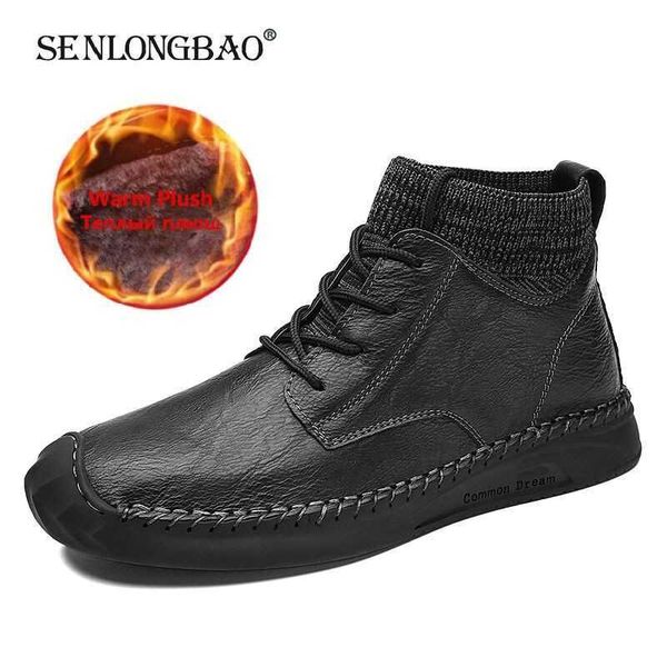 

fashion men's boots plush warm winter waterproof leather snow outdoor motorcycle boots sneakers 210619, Black