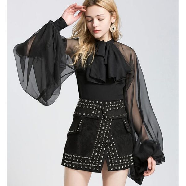 

women's blouses & shirts fashion women chiffon bow neck 2021 summer perspective big lantern full sleeve female shirt black whi, White