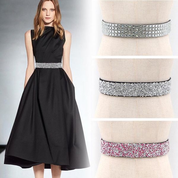 

belts woman waist belt fashion bling handmade rhinestone inlaid elastic shiny for female dresses coat shirt wide waistband sashes, Black;brown