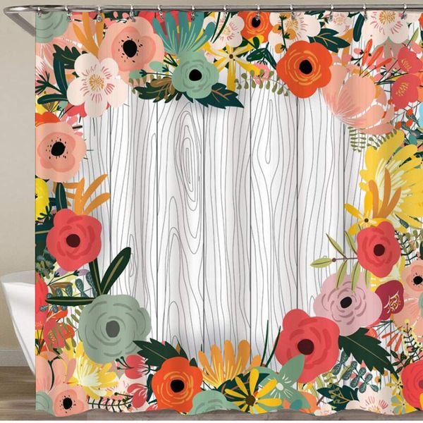 

shower curtain,flower hand painted spring idyllic rose daisy wooden planks background,polyester fabric waterproof bath curtains