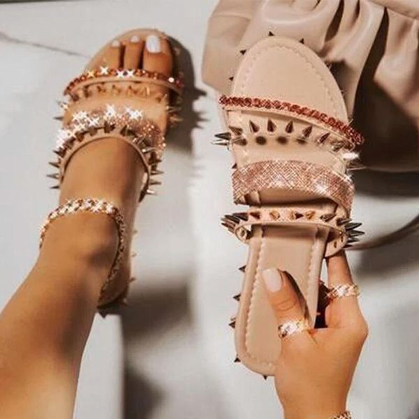 

nouc 2021 summer women slippers fashion rivet rhinestone shoes woman open toe flat crystal sandals plus size 35-43, Black