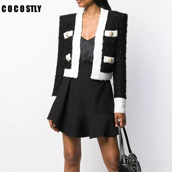 

women's jackets 2021 spring autumn tweed jacket women long sleeve coat black white stitching office lady female, Black;brown