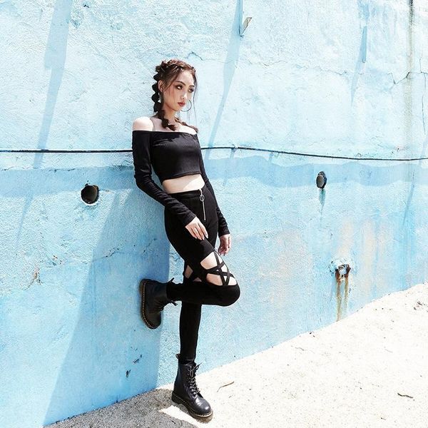 

women's pants & capris 2021 summer autumn star hollow out women black skinny pencil pant high waist zipper chictrousers bottoms, Black;white