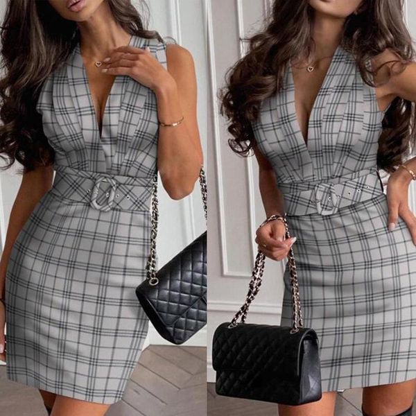 

casual dresses plaid dress fashion belt v-neck sleeveless girl, Black;gray