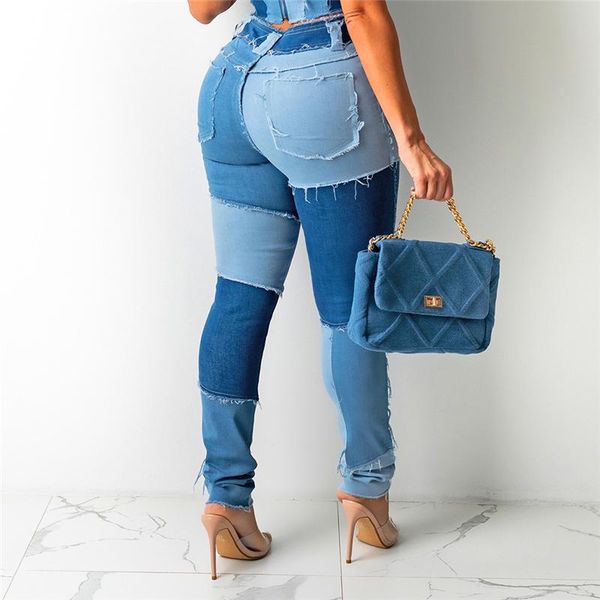 

women's jeans fashion patchwork women high waist tassel streetwear denim trousers female blue slim pencil pants 2021 autumn lady