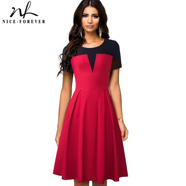 

nice-forever summer women vintage contrast color patchwork dresses business formal party flare swing dress a088 210419, White