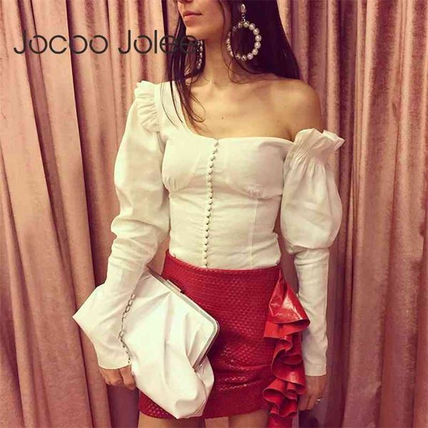 

women long sleeve off shoulder irregular skew collar shirts elegant white button slim pullover female ruffle 210416