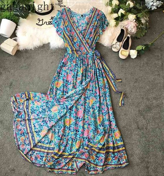 

gaganight summer bohemian beach maxi dress women floral short sleeves sashes bandage dresses female v neck retro dress vestidos 210519, Black;gray