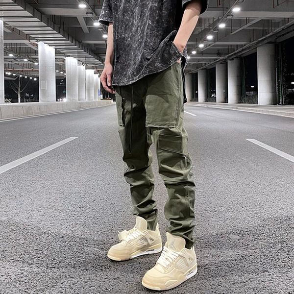 

men's pants high street drawstring multi-pockets cargo mens straight loose casual overalls harajuku oversize baggy trousers, Black