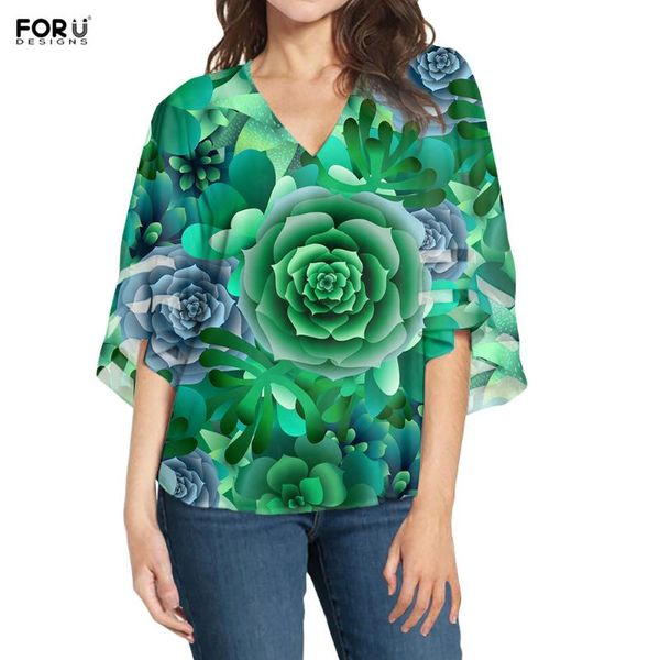 

women's blouses & shirts forudesigns succulent plant patterns chiffon blouse for women summer casual costume outdoor fashion bell sleev, White