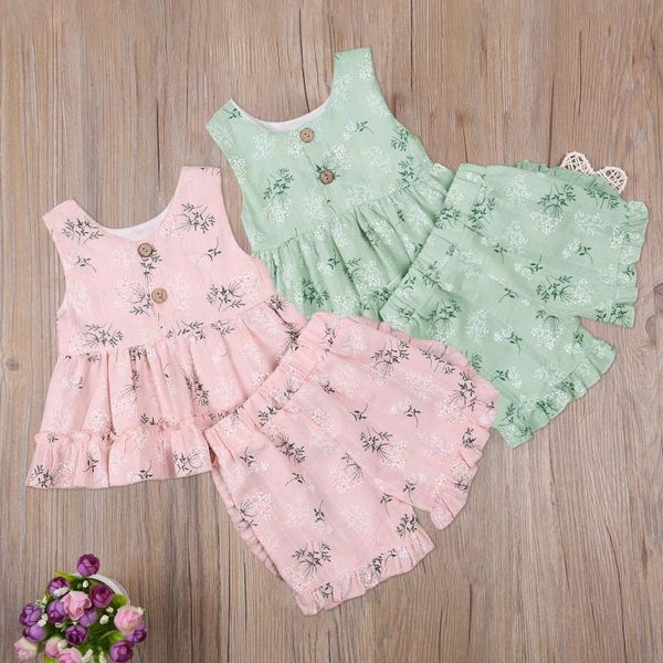 

clothing sets bron baby girl ruffles vest + shorts 2pcs suit floral printed sleeveless button tank summer clothes, White