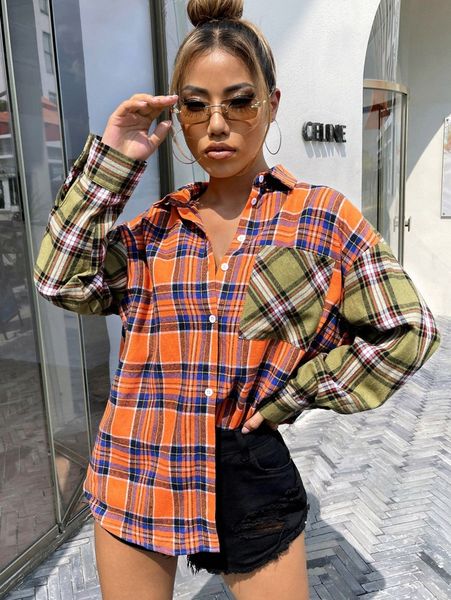 

tartan pocket detail button up blouse f9gh#, White