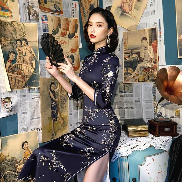 

ethnic clothing s-4xl 17 color autumn navy blue long sleeve cheongsam dresses vintage qi pao women formal dress print flower qipao oversize, Red