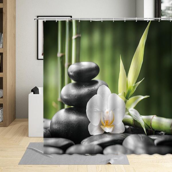 

shower curtains white orchid flower zen stone bamboo elegant bathroom decor screens polyester fabric curtain with hooks bath